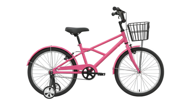A pink bicycle with training wheels and a basket designed for children, evoking fun memories.