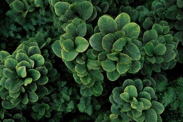 Aerial view of lush, textured, dark green foliage with prominent veined leaves, interspersed with smaller, finer leaves
