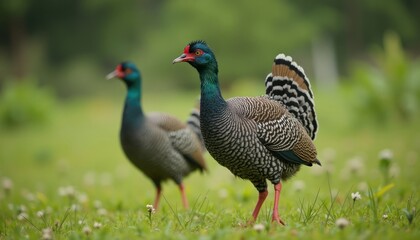 Obraz premium Two speckled birds in a grassy field.