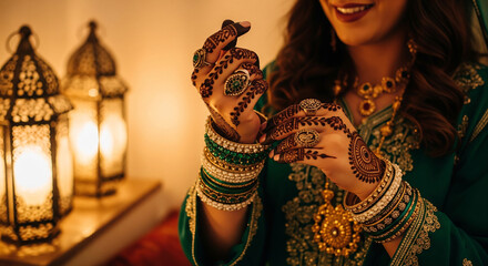 Bride holding cup wearing green bangles in candlelit wedding reception