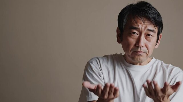 Confused Middle-Aged Japanese Man Shrugging with Raised Eyebrows