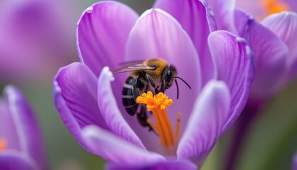 Close-up of a bee inside a vibrant purple crocus flower.