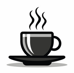 Simple black and white illustration of a hot cup of coffee on a saucer