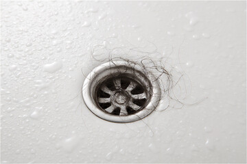 a bathroom drain clogged with hair