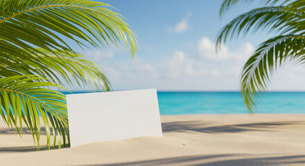 Summer stationery still life. Closeup of blank card mock-up and craft envelope on green date palm leaves. Sandy beach background or desert. Flat lay, top view. Tropical vacation concept