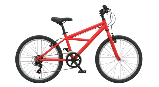 A vividly red bicycle stands stationary, showcasing sleek modern design with detailed parts shown.