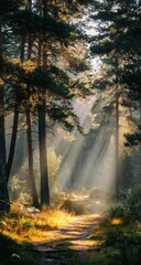 Sunbeams pierce a misty forest path, illuminating a golden trail through tall pines and low-lying vegetation