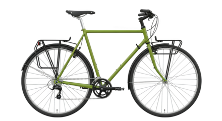 A green touring bicycle with black tires, saddle, and racks is isolated, centered horizontally.
