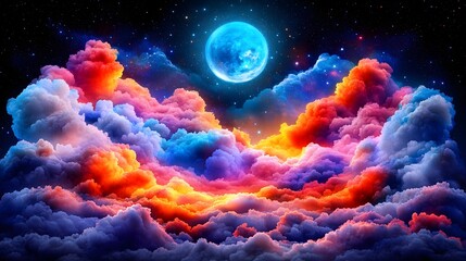 Colorful cloudscape, full moon, starry night, fantasy art, digital wallpaper