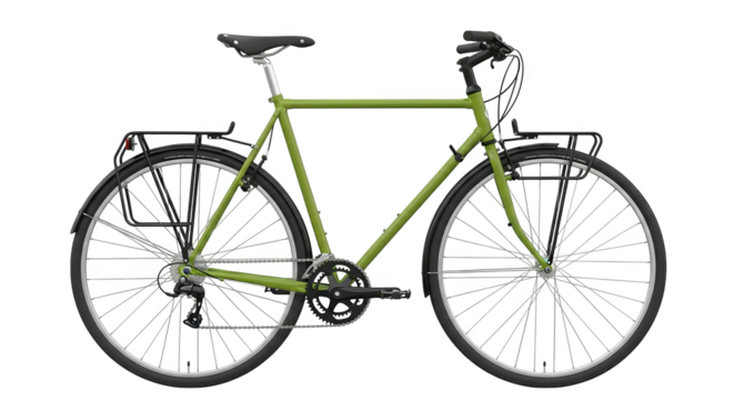 A green touring bicycle with black tires, saddle, and racks is isolated, centered horizontally.