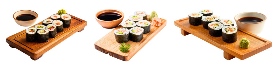 Set of wooden sushi boards with maki rolls wasabi and soy sauce isolated on a white or transparent background