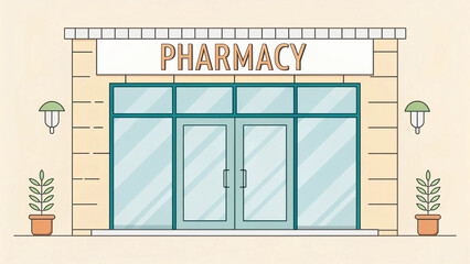 Pharmacy with a green door and a white sign
