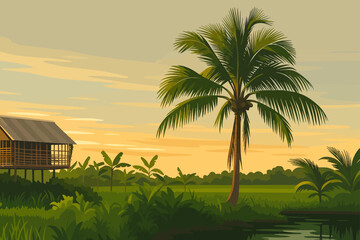 The image illustrates a peaceful rural landscape at sunset. A traditional stilt house stands to the left, partially elevated above the lush greenery. In the middle ground, a tall coconut palm tree dom