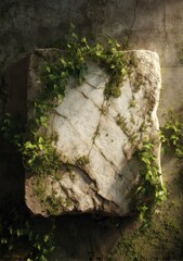 Sunlit weathered marble slab, partially covered in vibrant green vines and moss, rests on a mossy ground