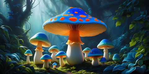 Vibrant cluster of fantastical mushrooms in mystical forest

