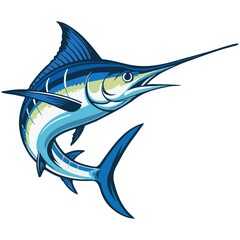 Swordfish marlin fish vector illustration of a blue fish jumping in water on white background