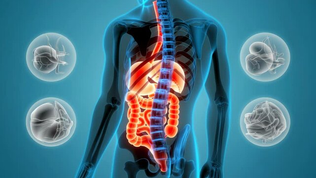 3D medical visualization showing transparent human body with highlighted red digestive system and circular organ details.
