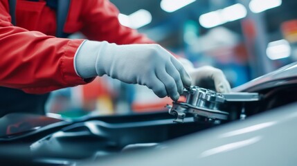 Precision Assembly: Close-up of Worker Fitting Car Parts with Gloves on Assembly Line against White Background