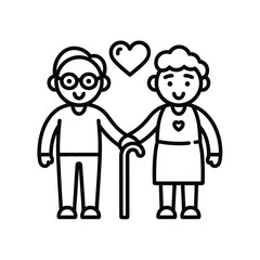 Fototapeta premium Elderly Couple Holding Hands Walking Stick Black Line Art Icon