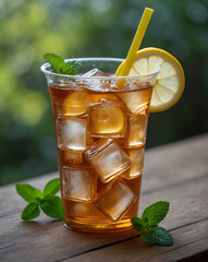 Plastic glass with ice tea and lemon on wooden table with green garden on the background. Summer drink and refreshment. Ai Generative.