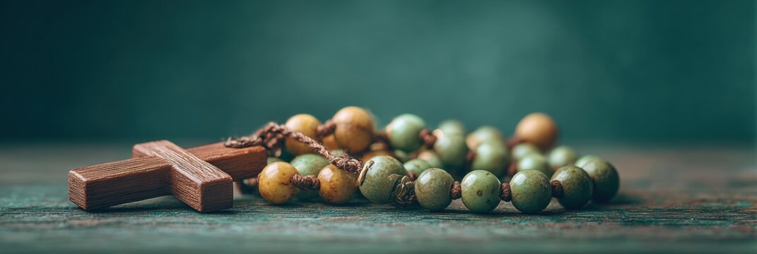 Orthodox Pentecost Monday Religious Cross and Rosary with Moody Green Tones for Spiritual Devotion and Commercial Marketing in Spring and Ramadan Season