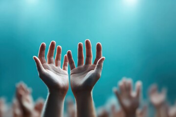 Vibrant Holy Spirit Monday Worship Hands Raised in Turquoise Blue Light with Pentecost and Summer Festival Energy for Spiritual Event Marketing