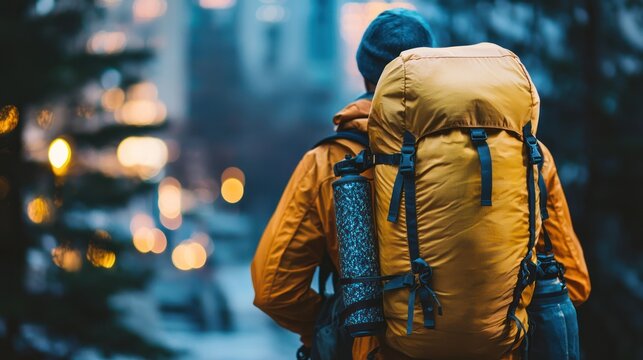 A person in a yellow jacket with a backpack, standing in a snowy forest with a glowing Christmas tree in the background. - Powered by Adobe