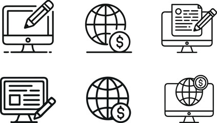 Global Online and Earning Icons Set. and outline vector illustration