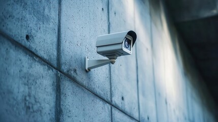 A security camera mounted on a concrete wall, with a concrete wall in the background.