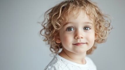 Naklejka premium A young child with curly hair, wearing a white shirt, standing in front of a white background.