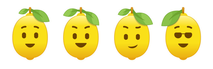 Lemon сharacter emotion icon set. Citrus fruit smile emoji collection. Vector