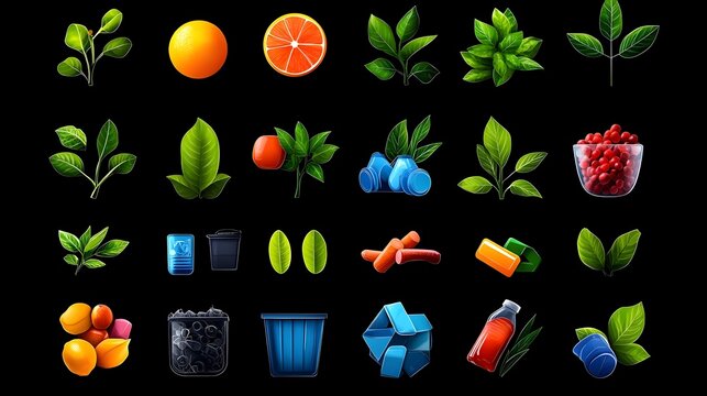 Vibrant fruit, leaf, and recycle icons; app design elements