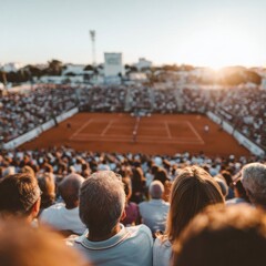 Local tennis tournament on clay court with engaged audience in stands, warm sunset lighting, showcasing community pride and passion for competitive sports events