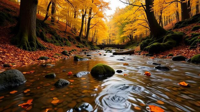 Serene Autumn Stream A Tranquil 4k Nature Scene of a slow flowing stream in a forest with gently floating leaves and dappled sunlight