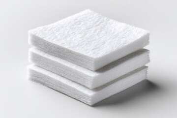 Three stacks of square, white, textured, absorbent cloths, neatly piled on a light gray background