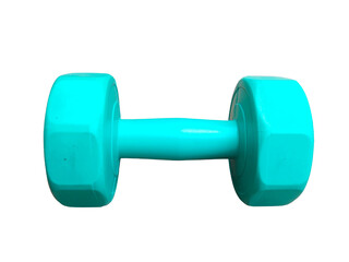 A single turquoise dumbbell with hexagonal ends designed for strength training and fitness exercises.

