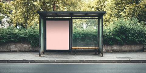 Vertical Blank Billboard at Weathered Bus Stop Shelter Surrounded by Green Trees and Plants for Community Engagement and Sustainable Outdoor Advertising