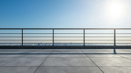Modern rooftop balcony view overlooking a vibrant city skyline under a clear blue sky with bright sun shining in the morning atmosphere