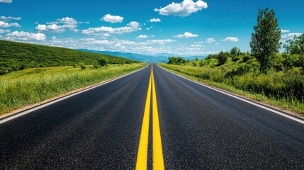 Naklejka premium A straight, empty road stretching into the distance with a clear blue sky and scattered clouds above.
