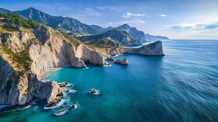 Fototapeta premium Stunning Coastal Cliffs Azure Ocean A Breathtaking Greek Seascape