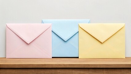 Colorful envelopes on wooden shelf near light wall closeup.