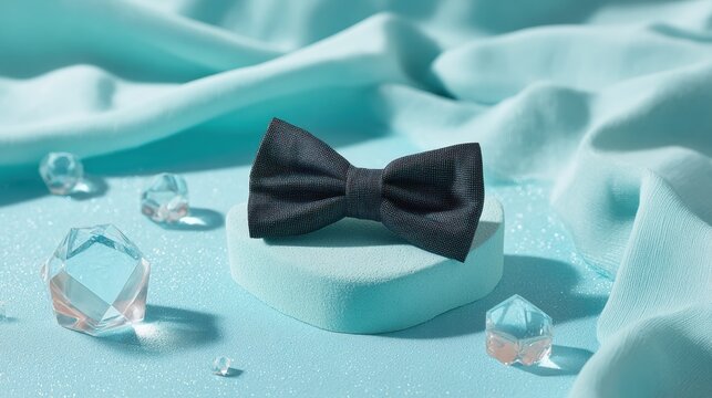 Elegant black bow tie on textured podium with scattered glitter, perfect for prom event marketing and celebrating academic milestones with luxury vibes