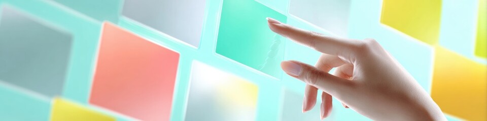 Naklejka premium Futuristic Technology Interface Showing Hand Selecting Digital Thumbnails in Virtual Stream for Interactive Content Curation and Creative Decision-Making