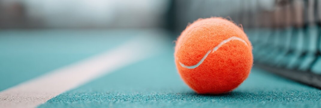 Focused Padel Tennis Ball on Outdoor Court Floor by Net, Capturing Anticipation and Opportunity in Modern Sports Event Marketing Visual