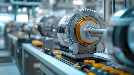 Precision Electric Motor Assembly Line: High-Efficiency Motors in Close-Up Detail on White Background