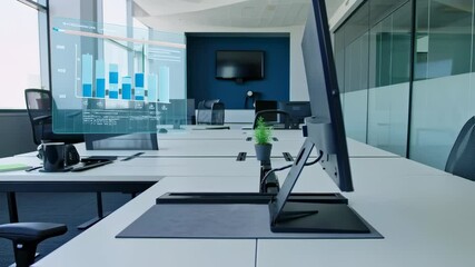 Modern office space with holographic data visualization, showcasing future technology - Powered by Adobe