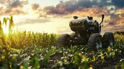 A black robot with a camera on top, driving through a field of green crops at sunset.