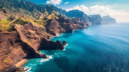 Fototapeta premium Na Pali Coast Stunning Aerial View of Hawaiian Cliffs Ocean 