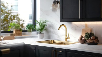 Modern kitchen corner with gold accents and marble countertops