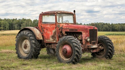 Obraz premium An old, rusted tractor parked in a field with a forest in the background.